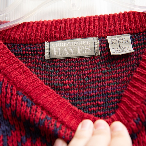 VTG 90s Christopher Hayes Fair Isle Red Geometric Pattern Grandpa Sweater Men L - Picture 3 of 3